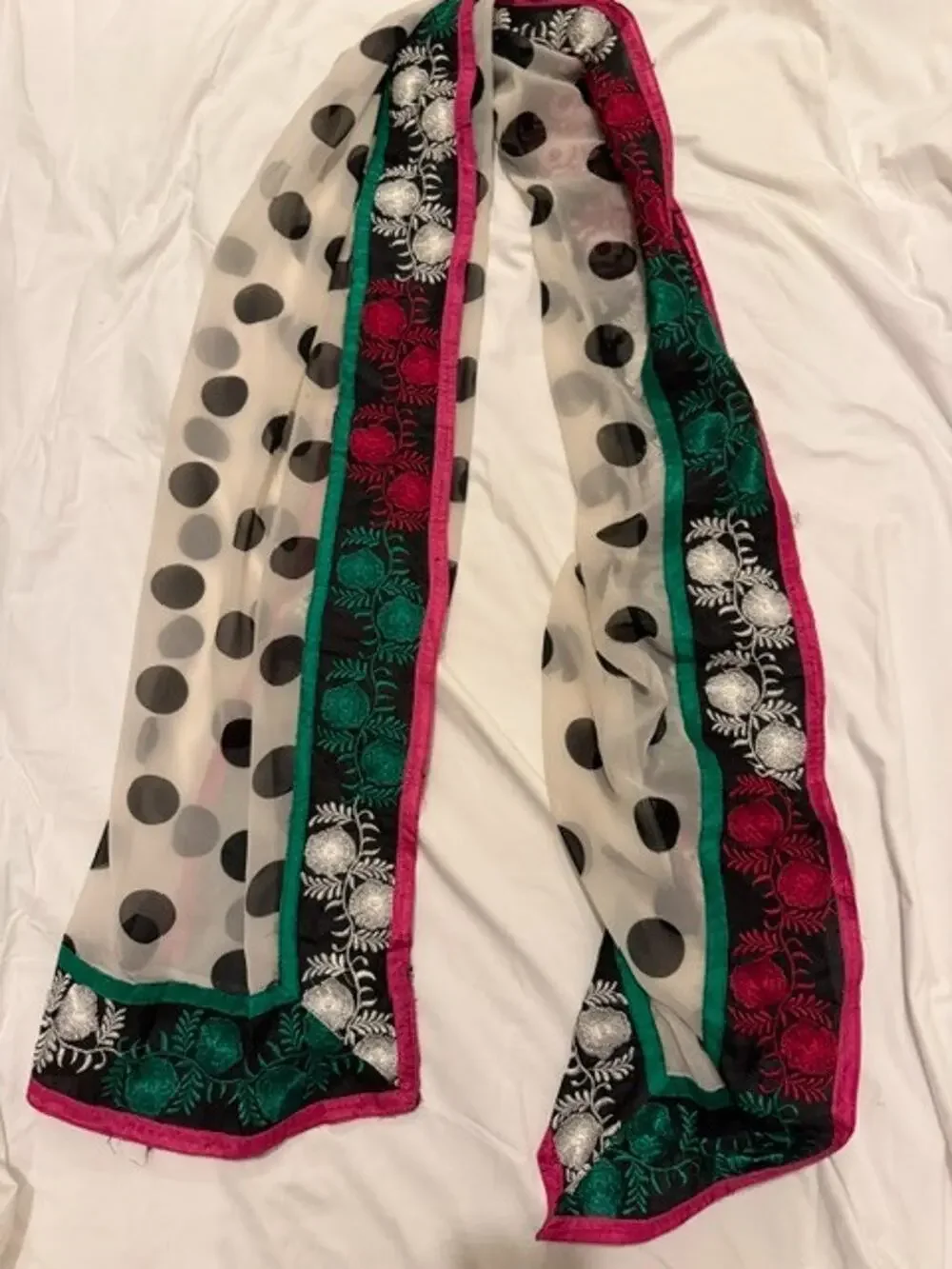 VTG Artisan Embroidered Sheer Shawl Wrap Oversized Polka Dot Floral 87